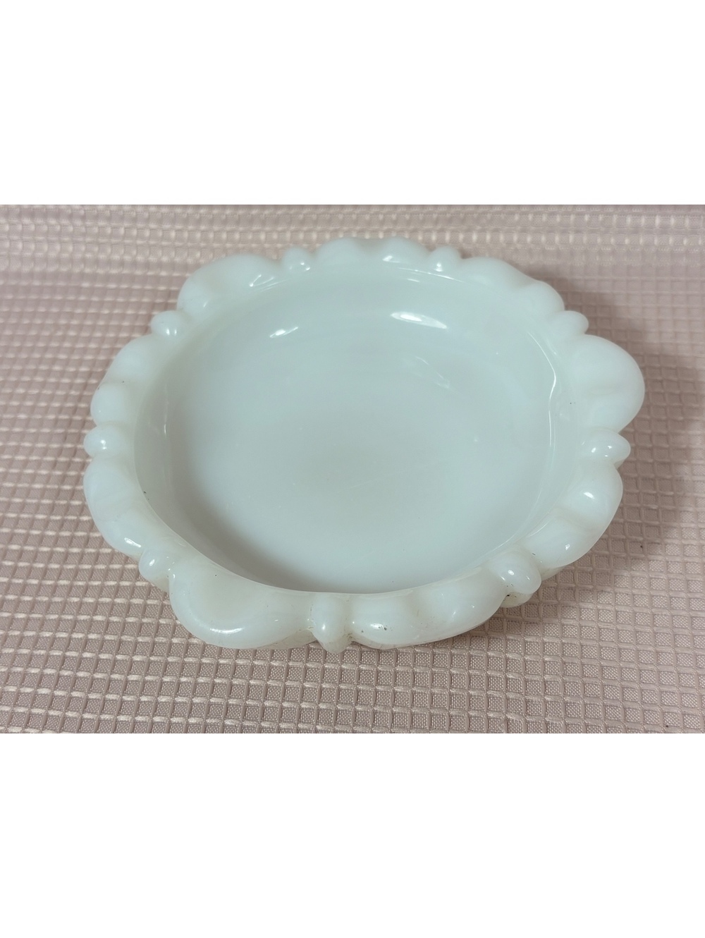 266 - Anchor Hocking white milk glass thumbprint trinket dish a scalloped rim.